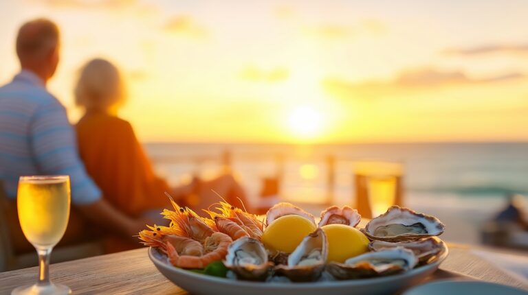 Elderly couple enjoys oysters on the beach