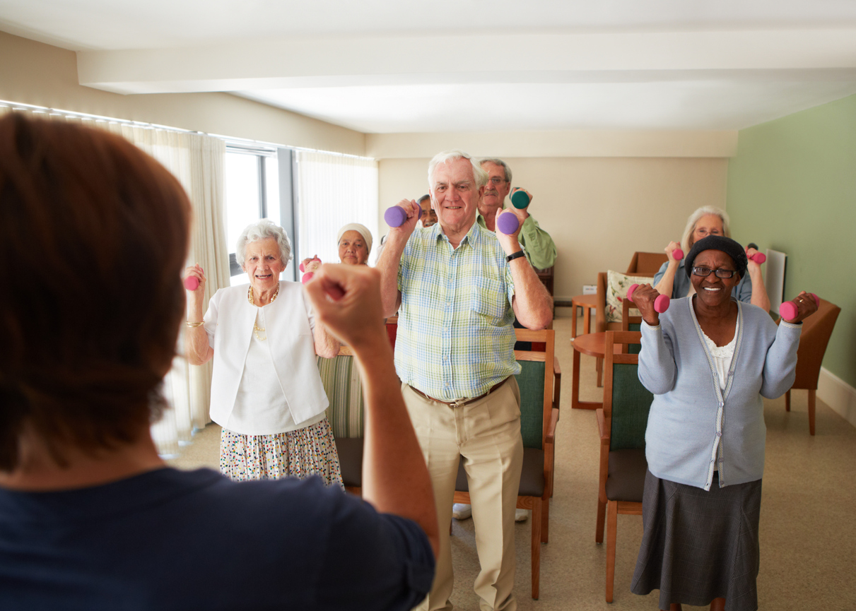 Daily light weight lifting exercise routine for the elderly at an old age home
